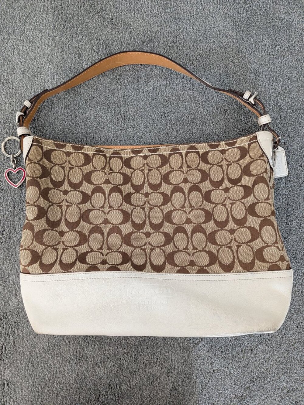 Coach Signature Shoulder Bag 2156 Khaki Brown & White Leather with Heart Key Fob